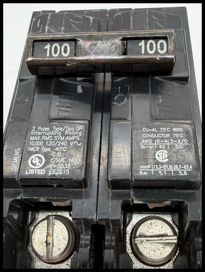 Q2100~Siemens Q2100 100A 2 Pole1P 120/ 240V 10KA Circuit Breaker -Used