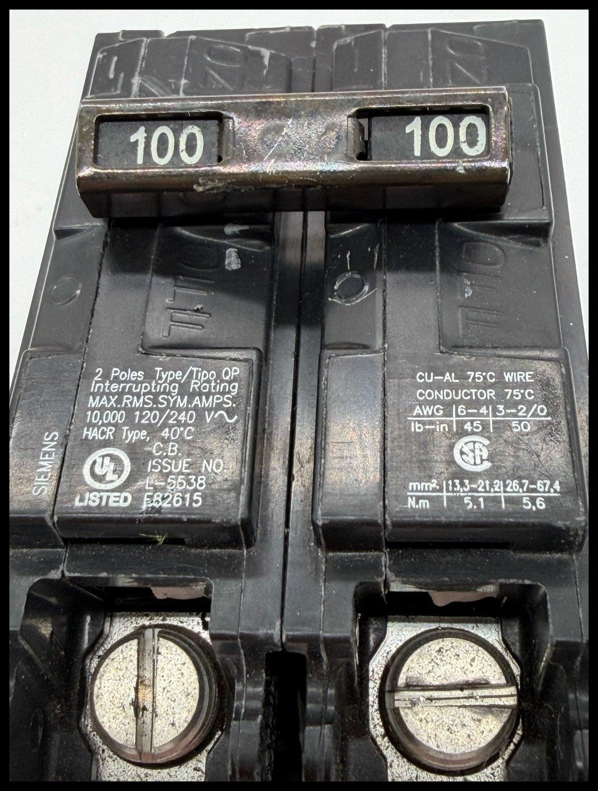 Q2100~Siemens Q2100 100A 2 Pole1P 120/ 240V 10KA Circuit Breaker -Used