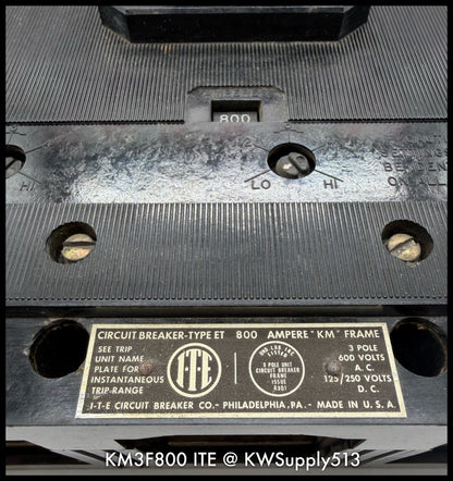 KM3F800~ITE KM3F800 800A 3P 3PH  600V TM Circuit Breaker-Used