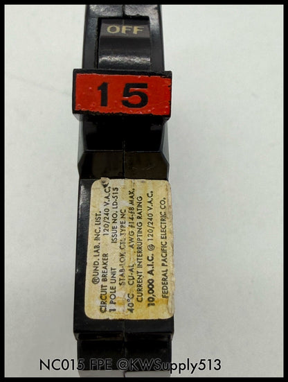 NC015~FPE NC015 15A 1P 120V 10KA Circuit Breaker-Used