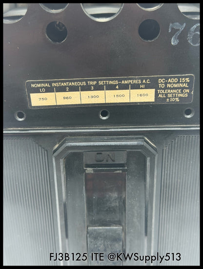 FJ3B125~ITE JF3B125 125A 3P 3PH 600V 14KA Circuit Breaker-Used