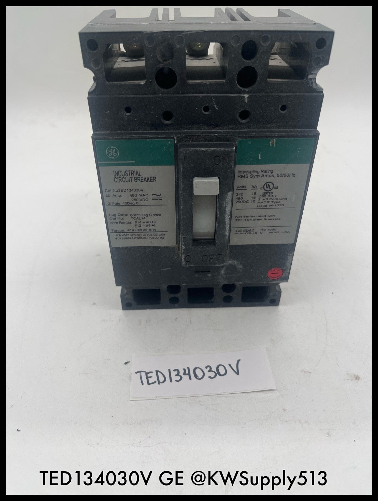 TED134030V~GE TED134030V 30A 3P 480V 18KA Industrial Circuit Breaker-Used