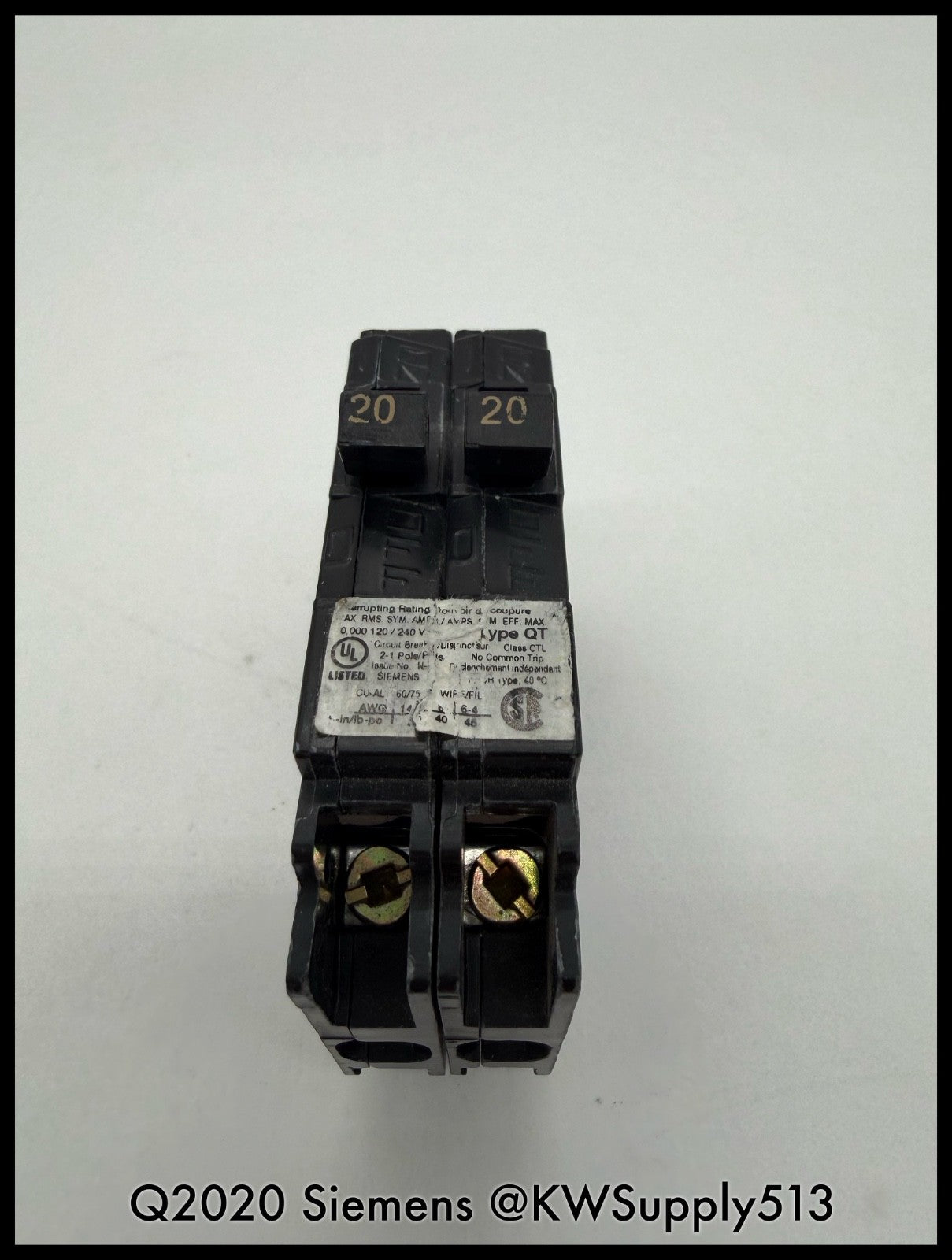 Q2020~Siemens Q2020 20A/20A 120VAC 2P 1PH Tandem Circuit Breaker-Used