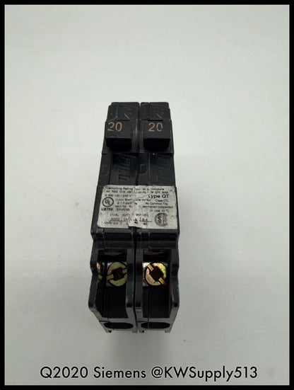 Q2020~Siemens Q2020 20A/20A 120VAC 2P 1PH Tandem Circuit Breaker-Used