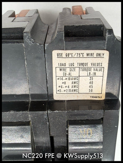 NC220~ FPE NC220 20A 2P 1PH 240V 10KA Circuit Beaker-Used
