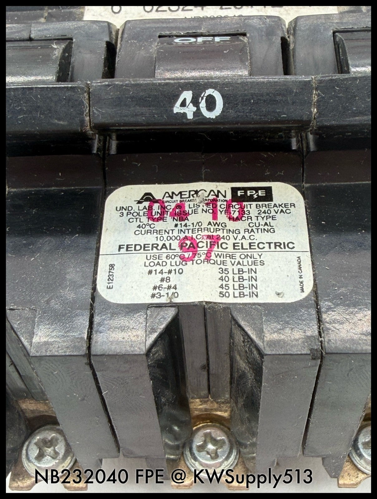NB232040~FPE NB232040 40A 3P 240V 10KA Circuit Breaker-Used