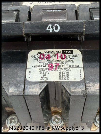 NB232040~FPE NB232040 40A 3P 240V 10KA Circuit Breaker-Used