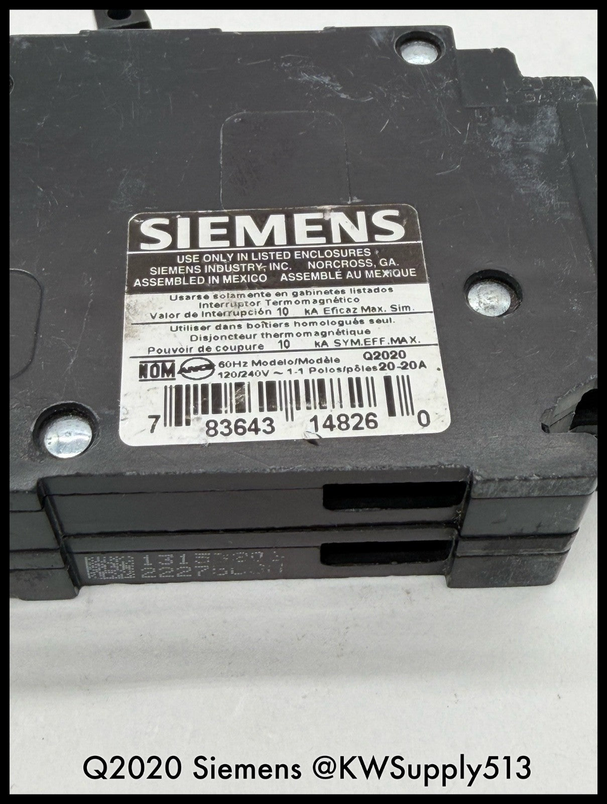 Q2020~Siemens Q2020 20A/20A 120VAC 2P 1PH Tandem Circuit Breaker-Used