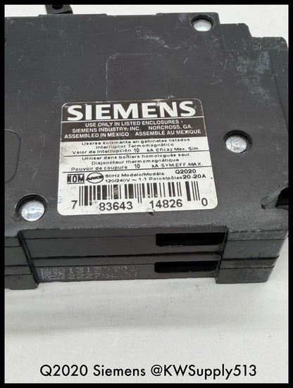 Q2020~Siemens Q2020 20A/20A 120VAC 2P 1PH Tandem Circuit Breaker-Used