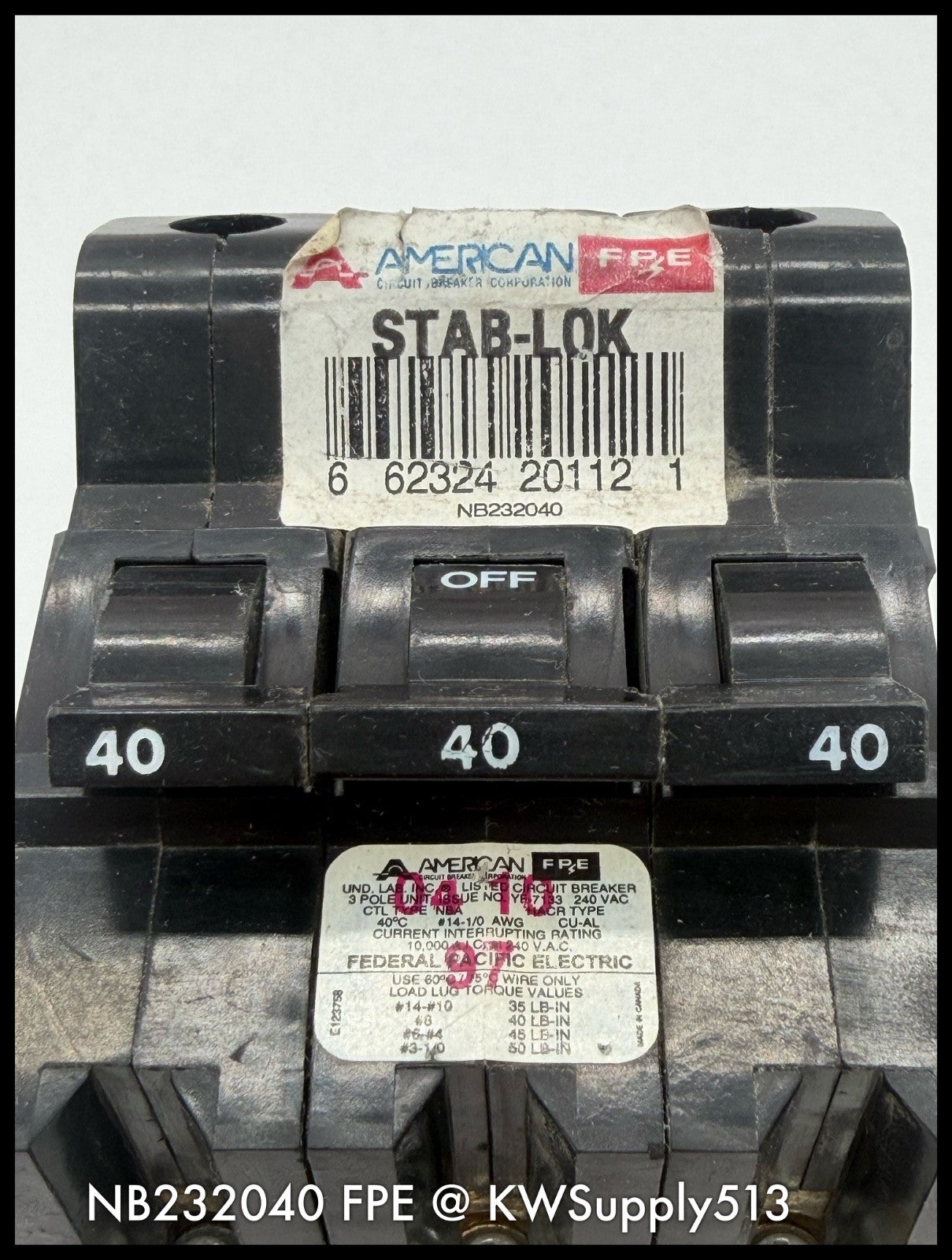 NB232040~FPE NB232040 40A 3P 240V 10KA Circuit Breaker-Used