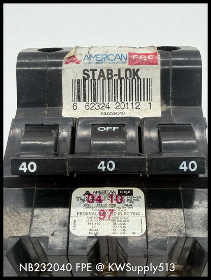 NB232040~FPE NB232040 40A 3P 240V 10KA Circuit Breaker-Used