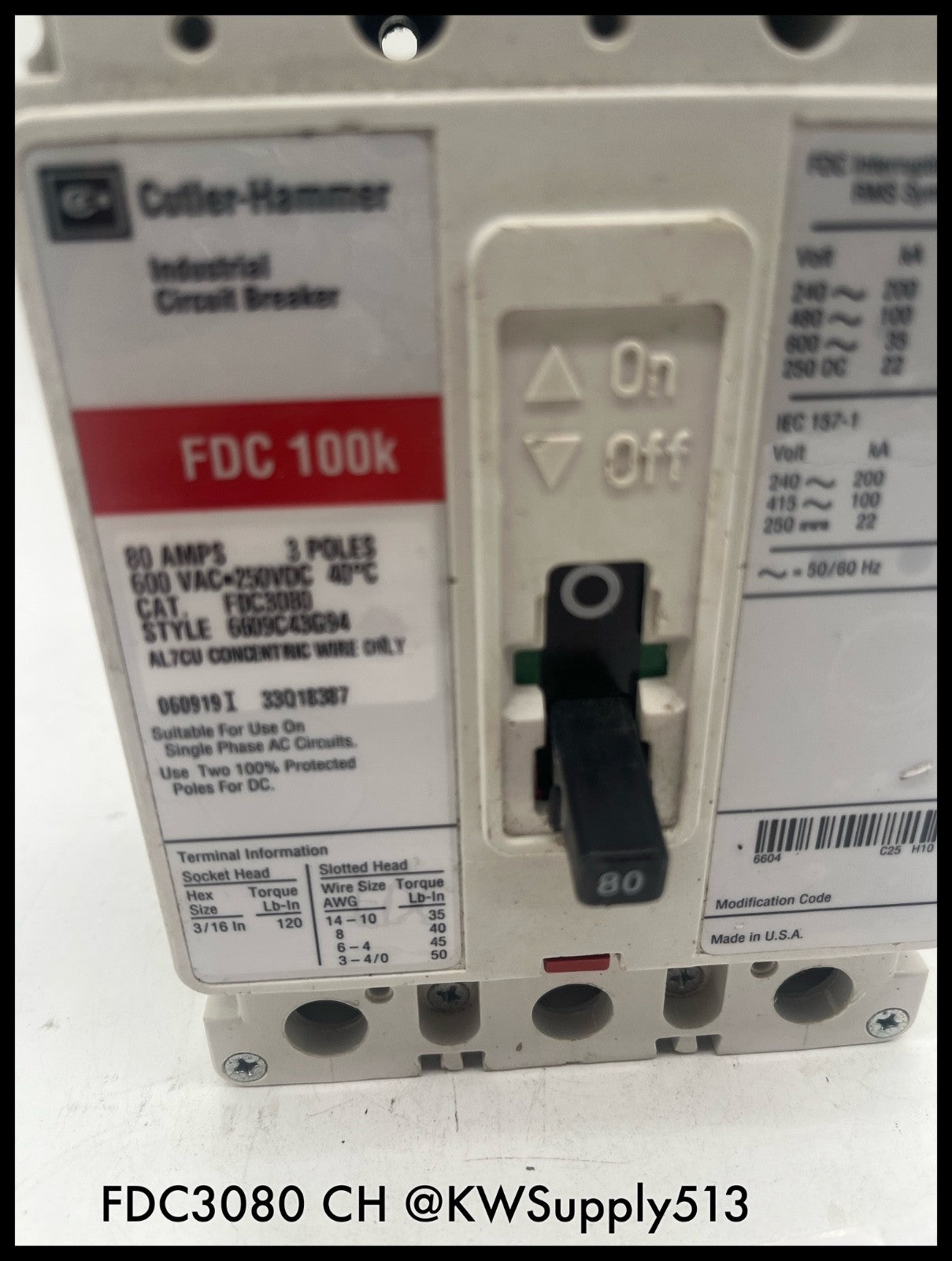 FDC3080~Culter Hammer FDC3080 80A 3P 600V Circuit Breaker-Used