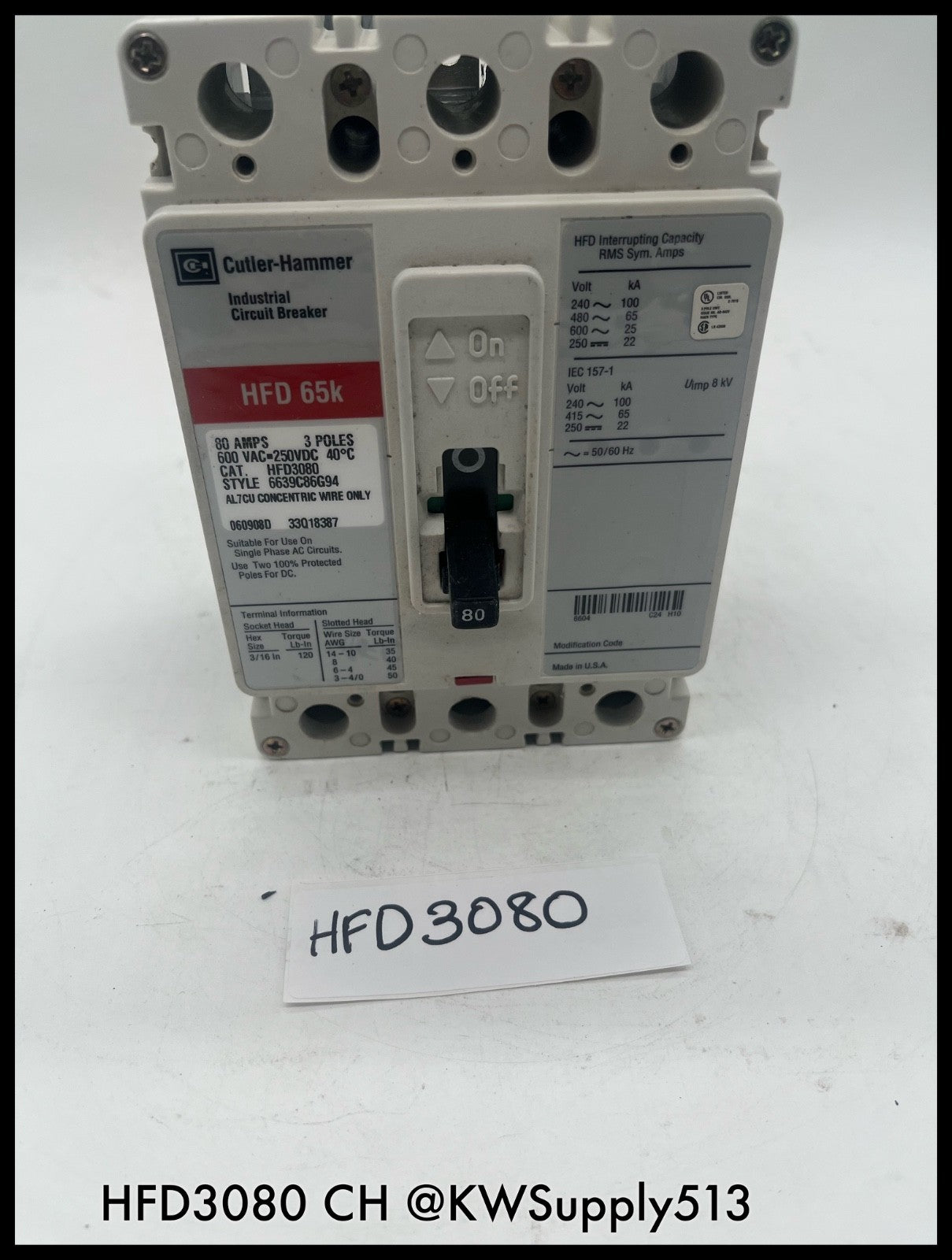HFD3080~Culter Hammer HFD3080 80A 3P 600V HFD65K Circuit Breaker -Used