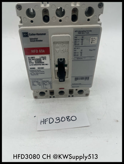 HFD3080~Culter Hammer HFD3080 80A 3P 600V HFD65K Circuit Breaker -Used